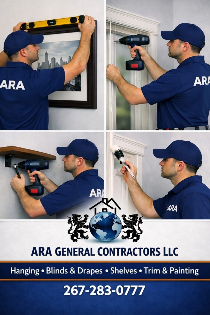 ARA General Contractors LLC technician performing home improvement tasks — hanging artwork, installing blinds, mounting shelves, and painting trim — with company logo and contact information displayed.”