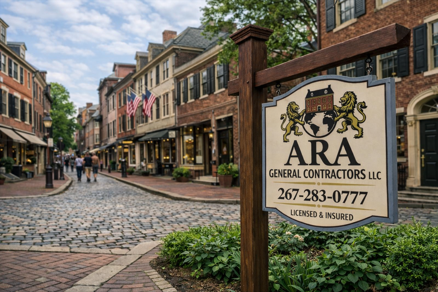 ARA General Contractors LLC sign displayed on a historic cobblestone street in Old City Philadelphia, surrounded by Georgian brick buildings and American flags.