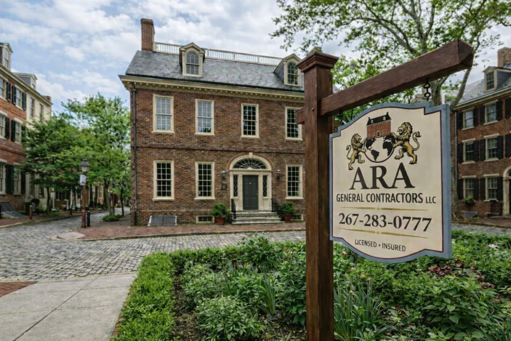 ARA General Contractors LLC sign displayed on a historic Society Hill cobblestone street in Philadelphia.